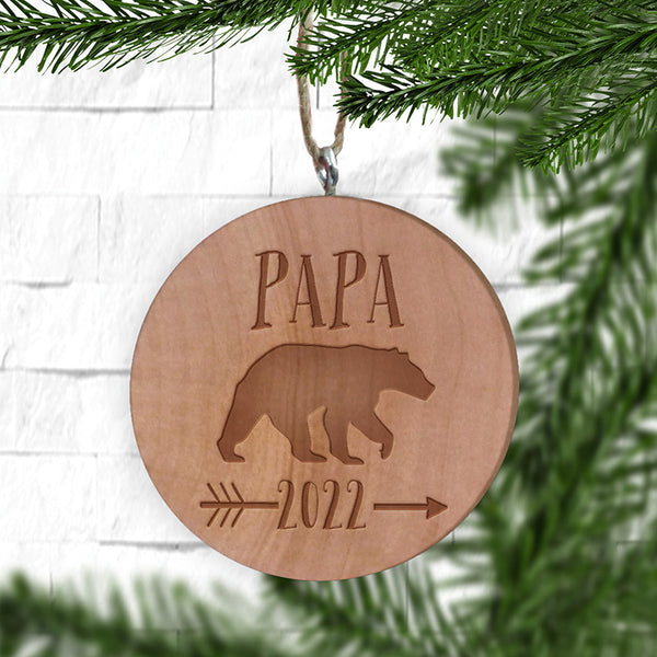 Christmas papa bear ornament, green plaid bear wood slice ornament